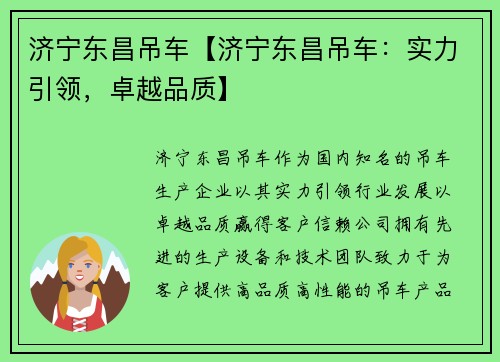 济宁东昌吊车【济宁东昌吊车：实力引领，卓越品质】