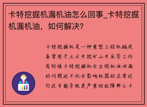 卡特挖掘机漏机油怎么回事_卡特挖掘机漏机油，如何解决？